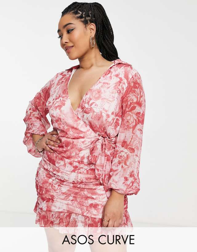 ASOS DESIGN Curve soft wrap mini dress with balloon sleeves in floral print