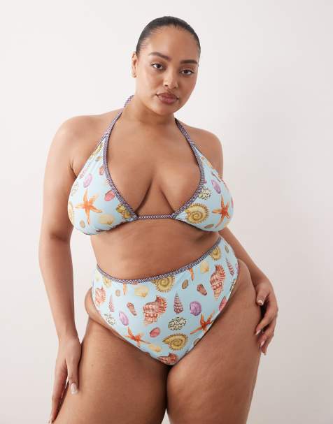 ASOS DESIGN Curve - Solar Starfish - Bas de bikini échancré taille haute - Bleu à imprimé mer - view 1