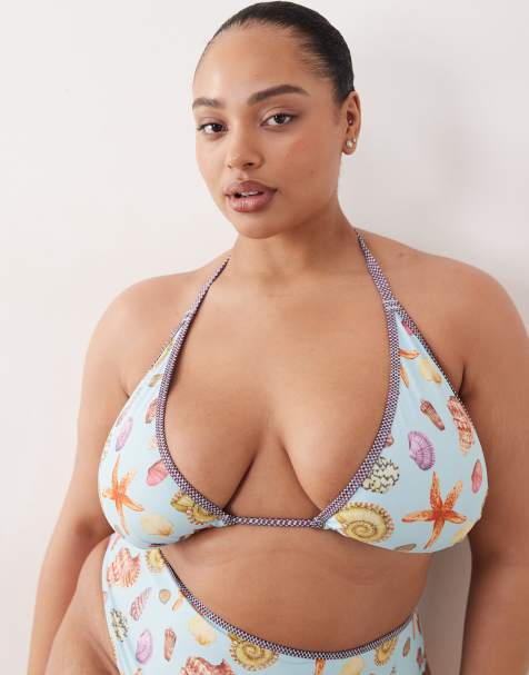 ASOS DESIGN Curve – Solar Starfish – Niebieska góra od bikini z wydłużonymi trójkątnymi miseczkami w morski wzór - view 1