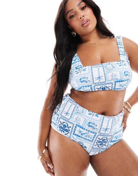 ASOS DESIGN Curve Soleil high waist bikini brief in blue - view 1