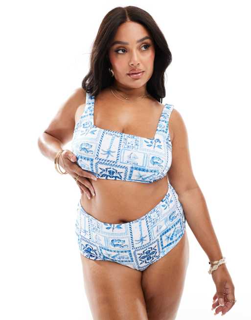 ASOS DESIGN Curve Soleil high waist bikini brief in blue, 3 of 4