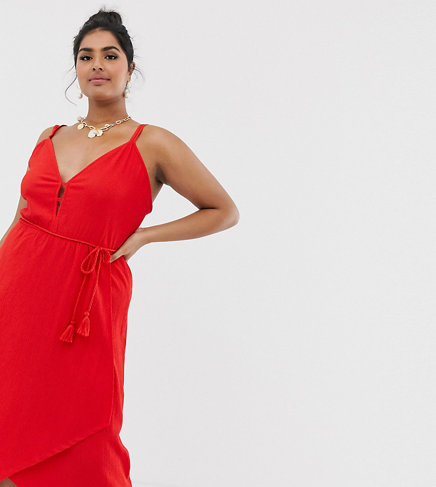ASOS DESIGN Curve – Solklänning i midimodell med omlott och skärp med tofs-Röd