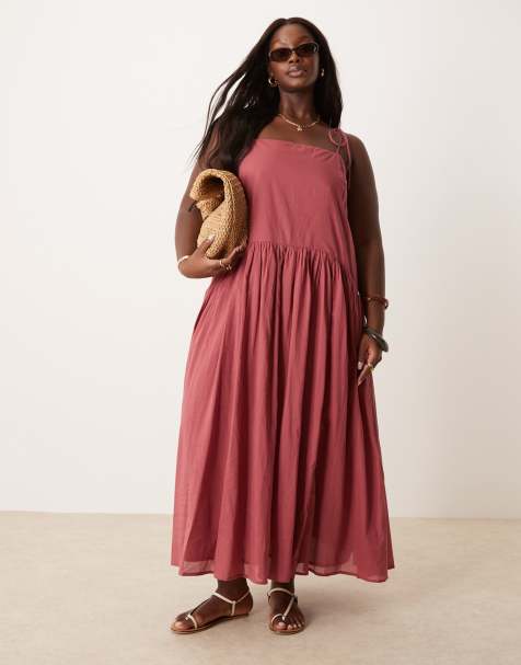 ASOS DESIGN Curve – Sommerkleid in Maxilänge in Burgunderrot mit tief angesetzter Taille - view 1