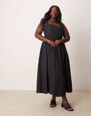 ASOS DESIGN Curve - Sommerkleid in Maxilänge in Schwarz mit U-Ausschnitt und plissierter Taille