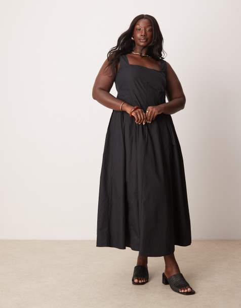 ASOS DESIGN Curve – Sommerkleid in Maxilänge in Schwarz mit U-Ausschnitt und plissierter Taille - view 1