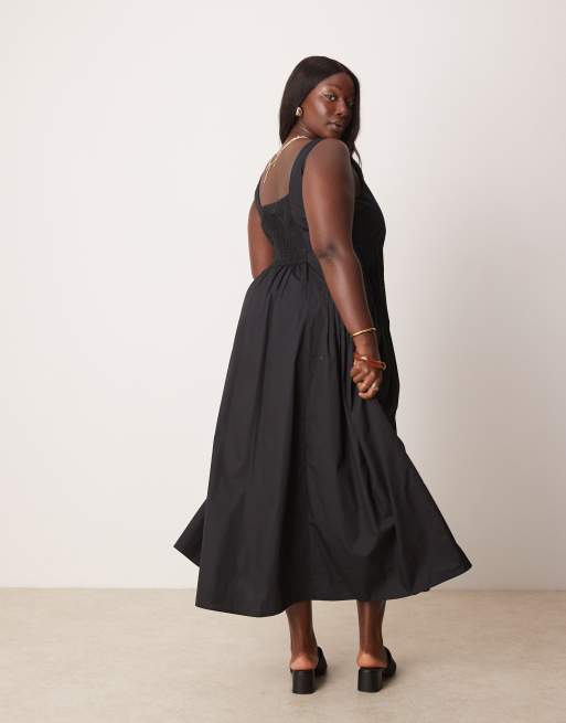 ASOS DESIGN Curve – Sommerkleid in Maxilänge in Schwarz mit U-Ausschnitt und plissierter Taille , 2 von 4