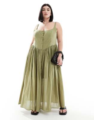 ASOS DESIGN Curve - Sommerliches Midi-Picknick-Kleid aus Voile-Stoff in Grün-Neutral