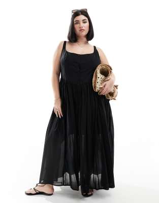 ASOS DESIGN Curve - Sommerliches Midi-Picknick-Kleid aus Voile-Stoff in Schwarz