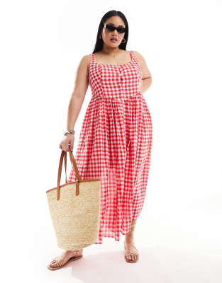 ASOS DESIGN Curve - Sommerliches Midi-Picknick-Kleid in Rot aus Voile-Stoff mit Vichy-Karos-Bunt