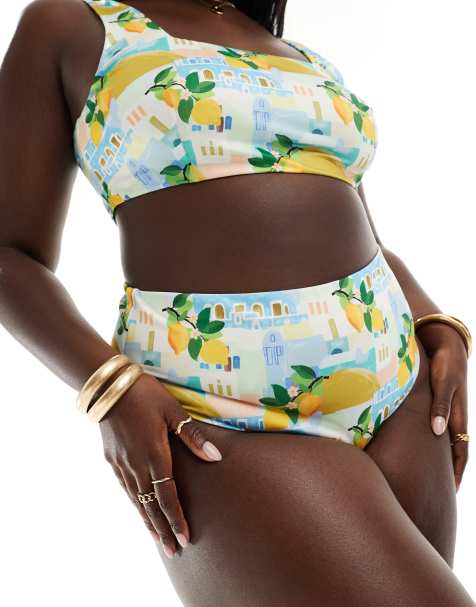 ASOS DESIGN Curve - Sorrento - Multifarvede højtaljede bikinitrusser med høj benskæring - view 1