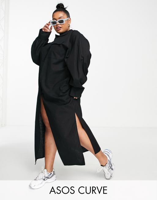 ASOS DESIGN Curve - Sort afslappet maxi-skjortekjole i hør