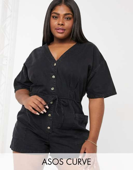 ASOS DESIGN Curve - Sort afslappet playsuit i blødt denim