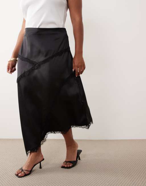 ASOS DESIGN Curve - Sort asymmetrisk maxinederdel i satin med blondedetaljer, 2 af 5