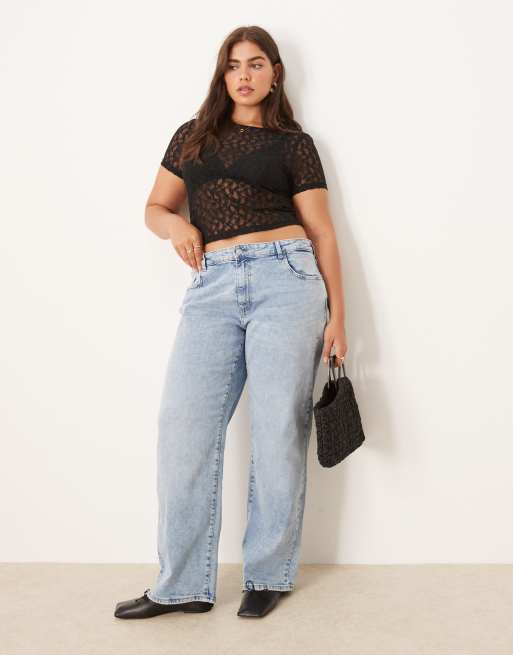 ASOS DESIGN Curve - Sort baby-T-shirt med korte ærmer i blondestof, 2 af 4