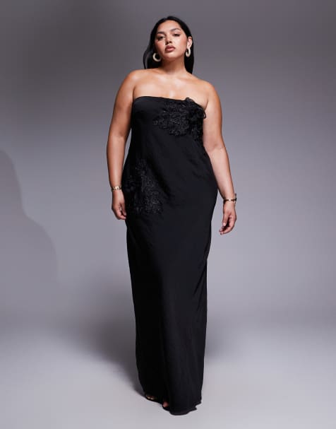 ASOS DESIGN Curve - Sort bandeau-midaxikjole med blomsterapplikationer - view 1