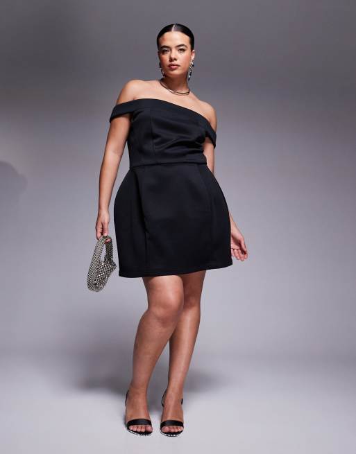 ASOS DESIGN Curve - Sort bardot-minikjole med foldet kant i scuba-stof