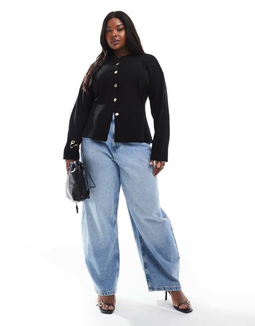 ASOS DESIGN Curve - Sort cardigan i strik med struktur og rund hals samt guldfarvede knapper, 3 af 4