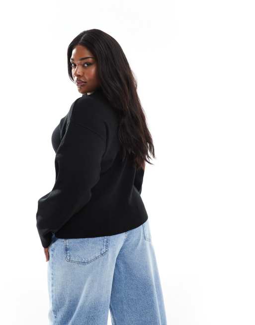 ASOS DESIGN Curve - Sort cardigan i strik med struktur og rund hals samt guldfarvede knapper, 4 af 4