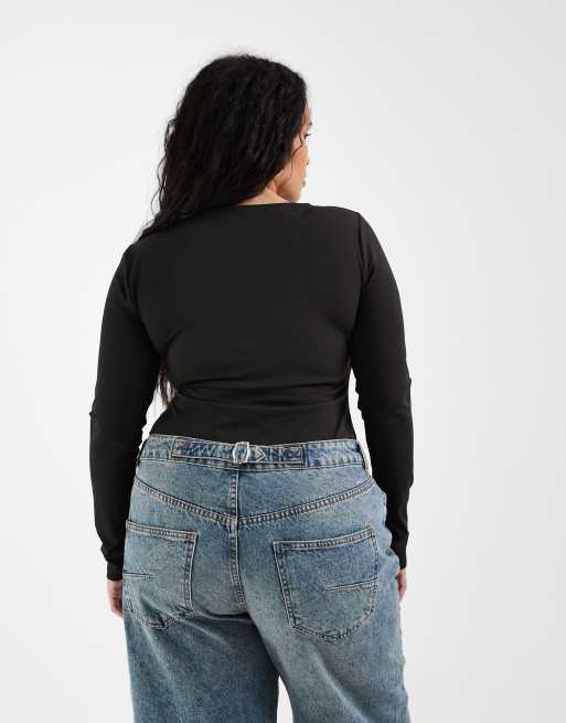 ASOS DESIGN Curve - Sort formgivende bodystocking med dyb rund hals og lange ærmer, 4 af 4