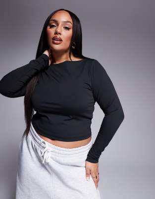 ASOS DESIGN Curve - Sort formgivende top med bådudskæring og lange ærmer - view 1