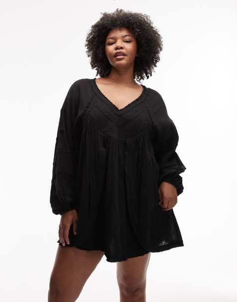 ASOS DESIGN Curve - Sort forvasket minikjole med dyb rund hals og smock - view 1