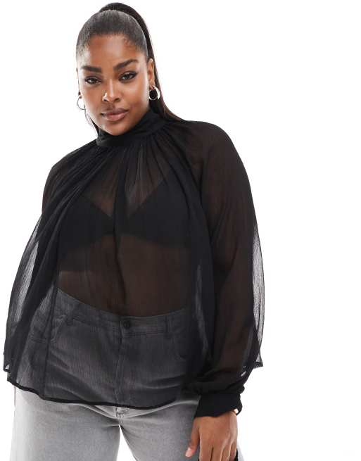 ASOS DESIGN Curve - Sort gennemsigtig bluse med høj hals og bindedetaljer på ærmekanterne