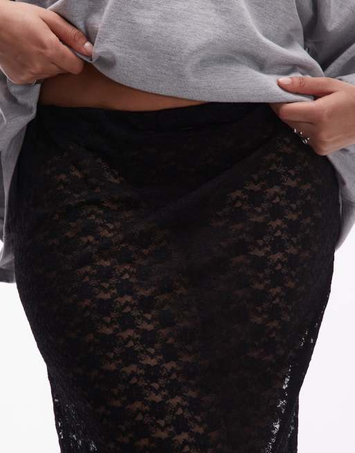 ASOS DESIGN Curve - Sort gennemsigtig maxinederdel i blondestof med søjlesnit, 3 af 5