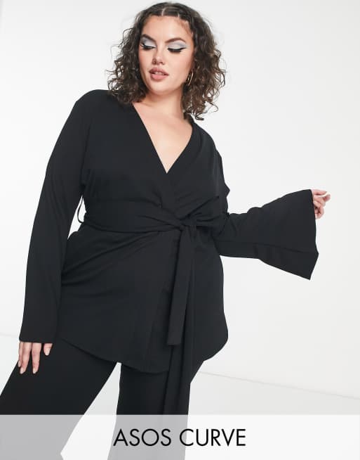 ASOS DESIGN Curve - Sort habitblazer uden krave med bælte i jersey