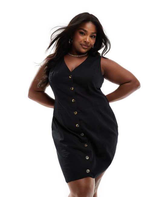 ASOS DESIGN Curve - Sort habitvest-minikjole med gennemgående knapper i hørblanding