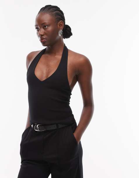 ASOS DESIGN Curve - Sort halterneck-overdel i tæt bomuld - view 1