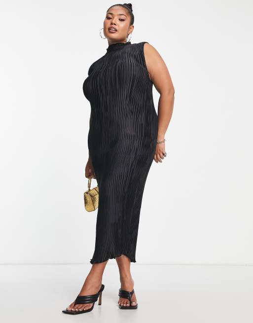 ASOS DESIGN Curve - Sort, højhalset midikjole i satin med plisseringer, 3 af 4