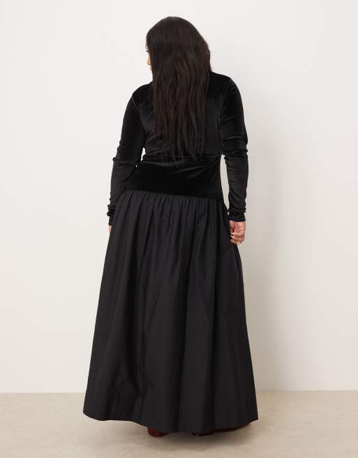 ASOS DESIGN Curve - Sort hybrid-kjole i maxilængde i velour med nederdel i poplin, 4 af 4