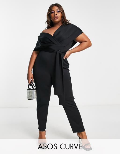 ASOS DESIGN Curve - Sort jumpsuit med sænkede skuldre i scuba-stof