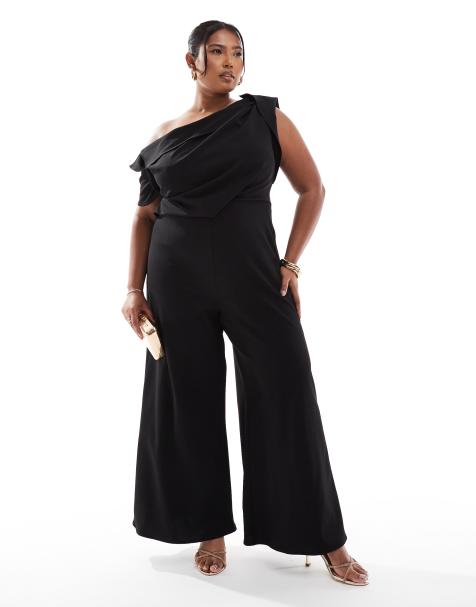 ASOS DESIGN Curve - Sort jumpsuit med sænket skulder og indsyet detalje samt ben med vidde - view 1