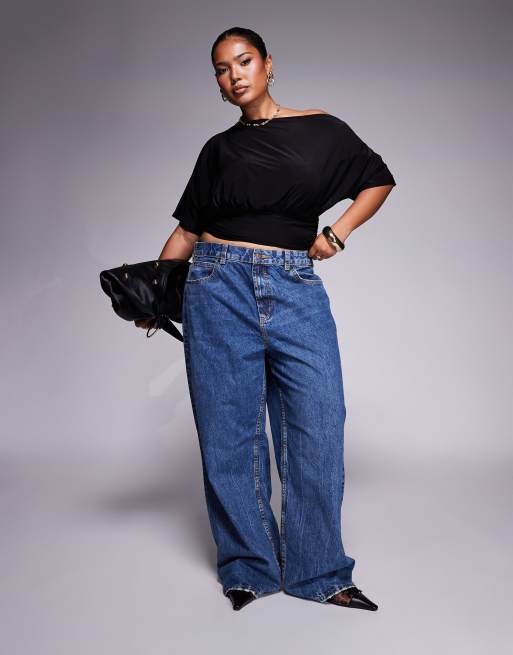 ASOS DESIGN Curve - Sort kortærmet oneshoulder-top med asymmetrisk snit og indsyet talje, 3 af 4