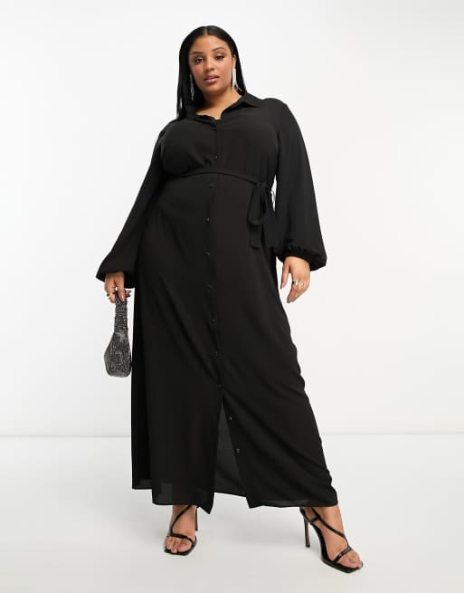 ASOS DESIGN Curve - Sort maxi-skjortekjole med bindebånd foran