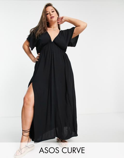 ASOS DESIGN Curve - Sort maxi-strandkjole med flagrende ærmer 