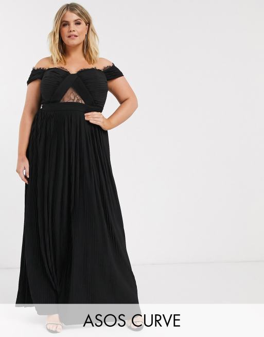 ASOS DESIGN Curve - Sort maxikjole med blonder, plisseringer og bardot-udskæring