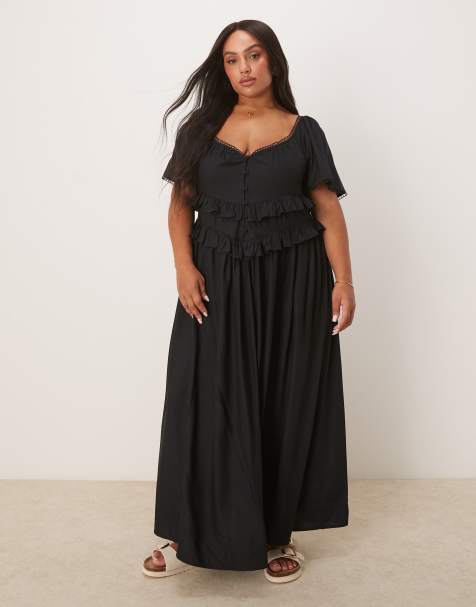 ASOS DESIGN Curve - Sort maxikjole med flagrende ærmer og indsyning i taljen - view 1