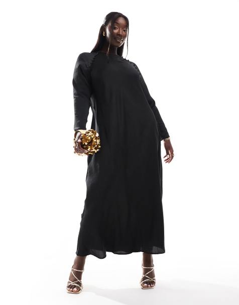 ASOS DESIGN Curve - Sort maxikjole med skråt snit og knapper i satin - view 1
