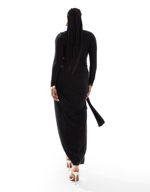 ASOS DESIGN Curve - Sort maxikjole med store draperinger og bindebånd fortil, 4 af 4
