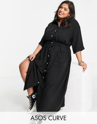 ASOS DESIGN Curve - Sort midi-skjortekjole med knapper og elastik i taljen