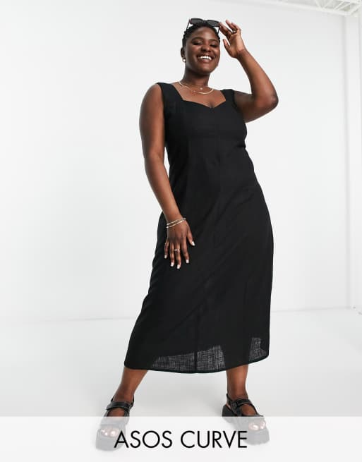 ASOS DESIGN Curve - Sort midi-sommerkjole i hør med hjerteformet hals og rynkning bagpå