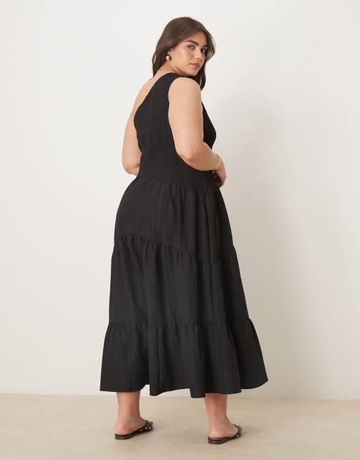 ASOS DESIGN Curve - Sort midi-sommerkjole med asymmetrisk hals i krølstof , 3 af 4