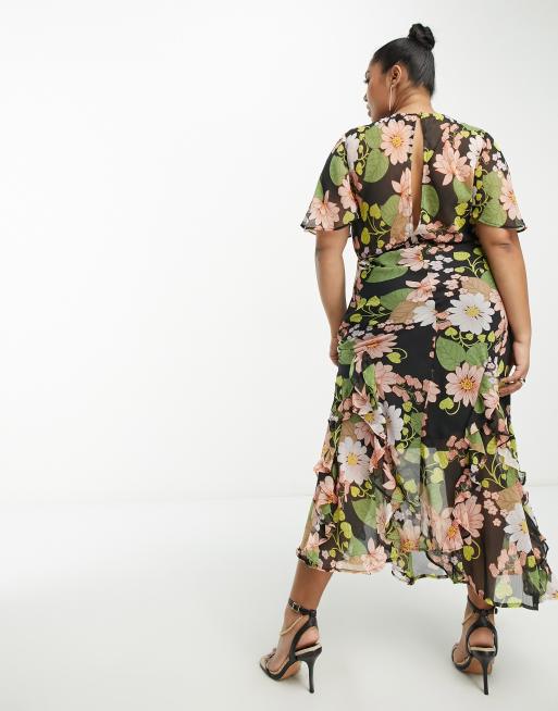 ASOS DESIGN Curve - Sort midikjole i chiffon med flæsekant og blomster , 2 af 4