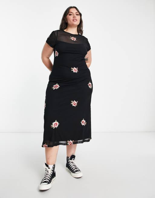 ASOS DESIGN Curve - Sort midikjole med broderi i mesh , 4 af 4