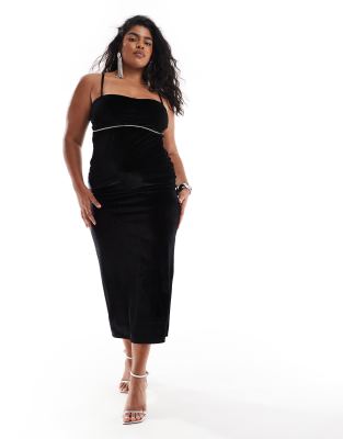 Asos Design Curve - Sort Midikjole Med Cami-Stropper, Pencilnederdel Og Detalje Med Rhinsten I Kanten I Velour-Black