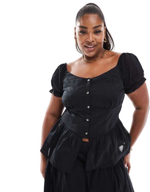ASOS DESIGN Curve - Sort milkmaid-top med pufærmer og knapper