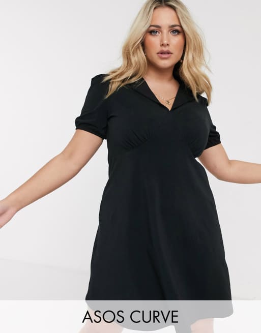 ASOS DESIGN Curve - Sort mini-tea-kjole med krave