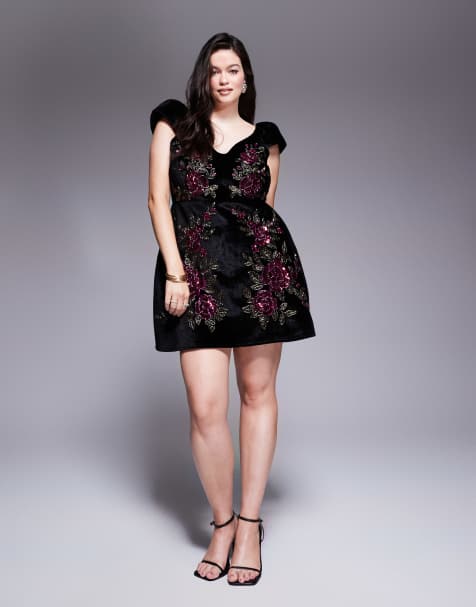ASOS DESIGN Curve - Sort minikjole med blomsterudsmykning i velour - view 1